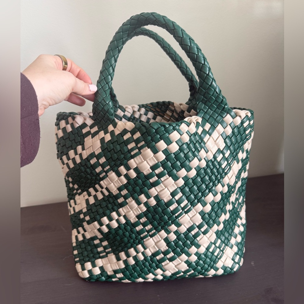 Anthropologie Forest Green and Cream Checkered Tote